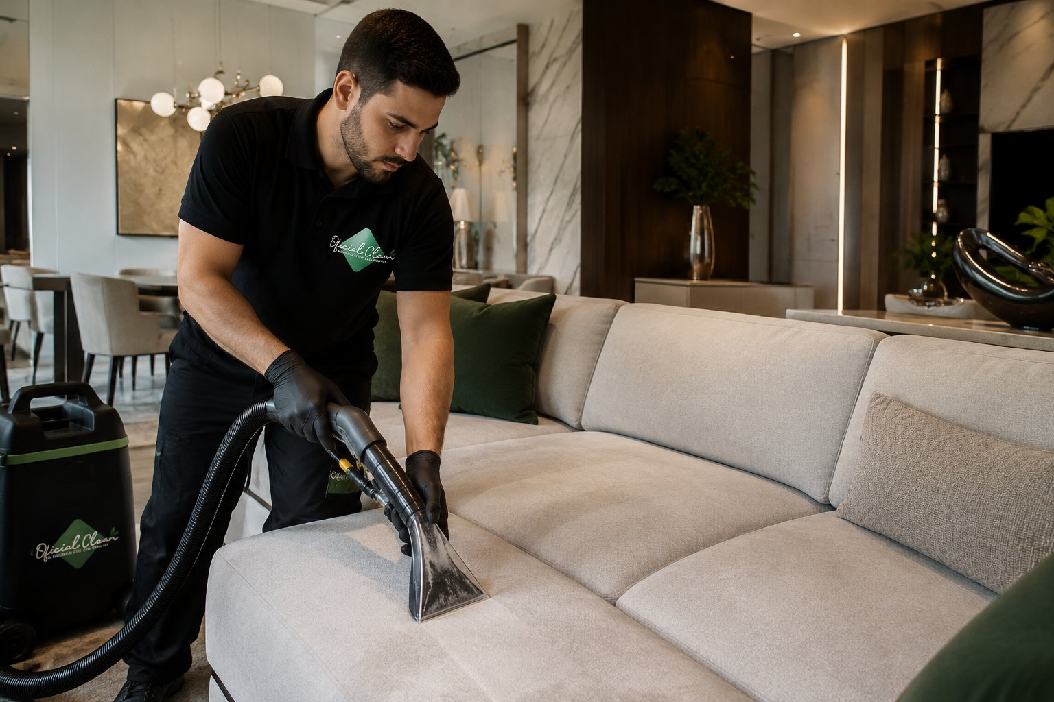 Equipe Oficial Clean higienizando estofado em casa de alto padrão